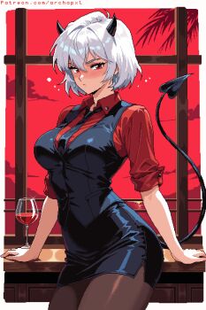 1girl alcohol annoyed archapxl artist_name black_horns black_necktie black_pantyhose black_skirt black_vest blush breasts cloud collared_shirt cup demon demon_girl demon_horns demon_tail desk drinking_glass helltaker highres horns looking_at_viewer malina_(helltaker) medium_breasts necktie pantyhose pencil_skirt pixel_art red_eyes red_shirt red_sky retro_artstyle shirt short_hair short_sleeves skirt sky sleeves_rolled_up standing tail vest watermark web_address white_hair window wine wine_glass