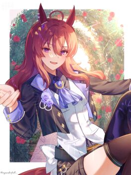 1girl animal_ears ascot black_jacket black_shirt black_thighhighs blush breasts brown_hair brown_shorts collared_shirt flower garter_straps highres horse_ears horse_girl jacket long_hair long_sleeves looking_at_viewer nakayama_festa_(umamusume) nyanto!_(nyandarfull) open_clothes open_jacket open_mouth purple_ascot purple_eyes shirt shorts smile tail textless_version thighhighs umamusume vest white_vest