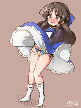 1girl black_hair blue_panties blush bow bow_panties cleft_of_venus clothes_lift crotchless crotchless_panties dress dress_lift dutch_angle embarrassed fat_mons female_focus full_body hair_bow half_updo idolmaster idolmaster_cinderella_girls kneehighs loli long_hair musouzuki open_mouth panties pussy side-tie_panties socks solo standing tachibana_arisu uncensored underwear wavy_mouth white_background white_socks wind wind_lift