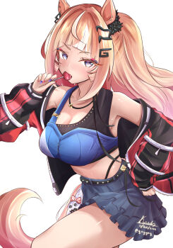 1girl animal_ears bare_shoulders black_jacket blue_eyes blue_sports_bra blush breasts brown_hair candy cleavage collarbone ear_ornament espoir_city_(red_devil_gear)_(umamusume) espoir_city_(umamusume) food hair_ornament highres holding holding_candy holding_food holding_lollipop horse_ears horse_girl horse_tail jacket jewelry large_breasts lollipop lollipop_in_mouth long_hair looking_at_viewer midriff multicolored_hair necklace open_clothes open_jacket orange_hair panty_straps ponytail quyyaq red_jacket simple_background skirt solo sports_bra tail umamusume white_background white_hair