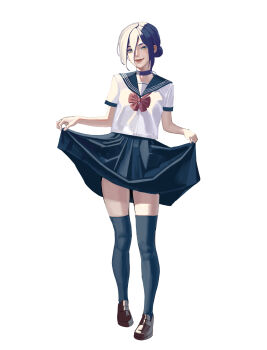 1girl absurdres black_choker black_hair blue_sailor_collar blue_skirt blue_thighhighs bow chainsaw_man choker clothes_lift full_body green_eyes hair_between_eyes hair_bun highres lifting_own_clothes loafers looking_at_viewer red_bow reze_(chainsaw_man) sailor_collar school_uniform serafuku shoes simple_background skirt skirt_lift solo standing thighhighs white_background yohachiri