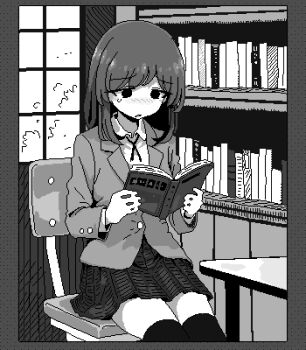 1girl blazer blush book bookshelf chair collared_shirt greyscale hamsterfragment hands_up holding holding_book indoors jacket jaggy_lines lapels long_sleeves lowres medium_hair monochrome neck_ribbon no_nose nose_blush notched_lapels on_chair open_mouth original parted_lips pleated_skirt ribbon school_uniform shirt single_tear sitting skirt solo shinohata_sachie_(hamsterfragment) table thighhighs window zettai_ryouiki