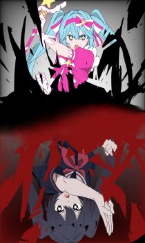 Rule 34 | 2girls, aqua hair, black eyes, black hair, black serafuku, bow, bowtie, dress, gloves, hairband, hatsune miku, henshin pose, highres, holding, holding wand, ima sugu rinne (vocaloid), mage staff, magical girl, multiple girls, pink bow, pink bowtie, pink dress, pink hairband, red bow, school uniform, serafuku, spynai (klimatic), staff, star-shaped pupils, star (symbol), star wand, symbol-shaped pupils, twintails, vocaloid, wand, white gloves