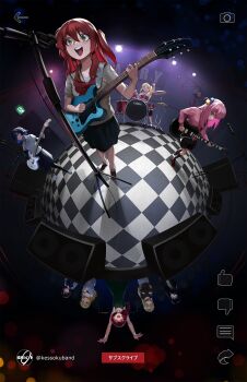 6+girls absurdres ahoge band_(music) bass_guitar black_hair black_skirt blonde_hair blue_hair bocchi_the_rock! bow braid brown_shoes checkered_floor collared_shirt cube_hair_ornament dress drum drumsticks electric_guitar fender_precision_bass fisheye gibson_les_paul gotoh_hitori green_dress guitar hair_between_eyes hair_ornament highres hiroi_kikuri holding holding_drumsticks ijichi_nijika ijichi_seika instagram instrument iwashita_shima jacket kita_ikuyo long_hair long_sleeves medium_dress multiple_girls music one_side_up pa-san panorama pantyhose pink_hair pink_jacket playing_instrument pleated_skirt red_bow red_eyes red_hair sailor_collar school_uniform shimizu_eliza shimokitazawa_high_school_uniform shirt shoes short_hair shuka_high_school_uniform side_ponytail sidelocks single_braid skirt track_jacket voodoothur white_sailor_collar white_shirt yamada_ryo