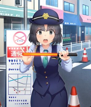 1girl arrow_(symbol) baton_(weapon) black_hair blue_hat blue_shirt blue_skirt blue_vest blush breasts building buttons city cowboy_shot crosswalk day dot_nose fence game_cg green_necktie grey_eyes hat holding_baton_(weapon) map musumi_kiyoka necktie official_art open_mouth outdoors parted_bangs pedestrian_lights police police_hat police_uniform policewoman road shirt short_hair sign skirt small_breasts small_sweatdrop solo street teeth third-party_source toji_no_miko toji_no_miko:_kizamishi_issen_no_tomoshibi traffic_cone translation_request upper_teeth_only vest weapon