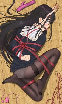 1girl absurdres arms_behind_back ass azur_lane ball_gag bdsm black_hair black_jacket black_pantyhose black_skirt blunt_bangs blush bondage bound bound_arms bound_legs bound_torso clenched_hand clothes_lift controller dildo embarrassed female_focus full_body gag gagged hair_between_eyes highres horns indoors jacket jiang_qian_xiao long_hair looking_at_viewer looking_back looking_to_the_side looking_up lying noshiro_(azur_lane) oni oni_girl panties pantyhose pleated_skirt purple_eyes red_rope remote_control remote_control_vibrator rope sailor_collar school_uniform sex_toy shibari shibari_over_clothes sidelocks skirt skirt_lift solo straight_hair thighband_pantyhose toes underwear very_long_hair vibrator vibrator_cord white_panties wide-eyed wooden_floor