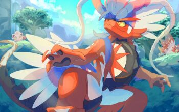 artist_request blue_sky cloud colored_sclera day grass koraidon nintendo no_humans nostrils orange_eyes outdoors pokemon pokemon_(creature) pokemon_focus pokemon_tcg scream_tail second-party_source sky slither_wing solo_focus tree yellow_sclera