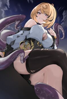 1girl absurdres accessories aozora_1051 bare_shoulders black_thighhighs blonde_hair breasts button_gap cleavage cloud cloudy_sky commentary crossed_legs detached_sleeves english_commentary from_below grin high-waist_shorts highres large_breasts looking_at_viewer mole mole_under_mouth monster_girl night night_sky outdoors purple_eyes scylla shirt shirt_tucked_in short_hair shorts single_thighhigh sitting sky slime_(substance) smile solo suction_cups tentacle_girl tentacle_tail tentacles thighhighs torn_clothes torn_thighhighs white_shirt white_sleeves yidhari_murphy zenless_zone_zero