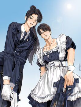 1boy 1girl apron black_dress black_hair black_jacket black_necktie black_pants brown_hair caleb_(love_and_deepspace) collarbone collared_shirt cowboy_shot crossdressing crossdressing_(mtf) dog_tags dress frilled_apron frills from_behind gloves gun hair_between_eyes highres holding holding_gun holding_weapon jacket long_hair looking_at_viewer love_and_deepspace maid maid_apron meomo0613 military_jacket military_uniform muscular muscular_male necktie pants parted_bangs parted_lips ponytail protagonist_(love_and_deepspace) puffy_short_sleeves puffy_sleeves shirt short_hair short_sleeves twitter_username weapon white_gloves white_shirt white_wrist_cuffs wrist_cuffs