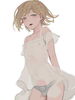 1boy arms_behind_back bare_shoulders blonde-haired_boy_(sunaba_(nczd5875)) blonde_hair blue_eyes blue_panties blush bow bow_panties collarbone commentary_request covered_erect_nipples cowboy_shot crossdressing crossdressing_(mtf) dot_nose half-closed_eyes highres looking_to_the_side male_focus open_mouth original panties partial_commentary see-through_clothes see-through_shirt shirt short_hair short_sleeves sketch smile solo striped_clothes striped_panties sunaba_(nczd5875) teeth thighs tongue trap underwear upper_teeth_only white_shirt