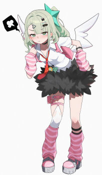 Rule 34 | 1girl, absurdres, arm warmers, bag, black choker, black skirt, blush, choker, commentary request, full body, green eyes, grey hair, hair ornament, hairclip, hand on own hip, highres, leaning forward, leg warmers, long hair, looking at viewer, master mocha, necktie, pink bag, pink leg warmers, pout, red necktie, school uniform, shirt, simple background, skirt, solo, spoken symbol, standing, sunna (zenless zone zero), white background, white shirt, white wings, wings, zenless zone zero