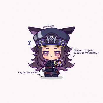 1girl animal_ears bag bearloaff black_hair black_jacket black_pants blush candy chibi chibi_only closed_mouth crying ears_through_headwear english_text fenomeno_(black_flames_of_the_righteous_spirit)_(umamusume) fenomeno_(umamusume) flipped_hair food full_body gloves hat highres holding holding_bag holding_candy holding_food horse_ears horse_girl horse_tail horseshoe_hat_ornament horseshoe_ornament jacket long_hair long_sleeves looking_at_viewer multicolored_hair pants peaked_cap purple_eyes purple_hair shirt simple_background solo tail tears umamusume white_gloves