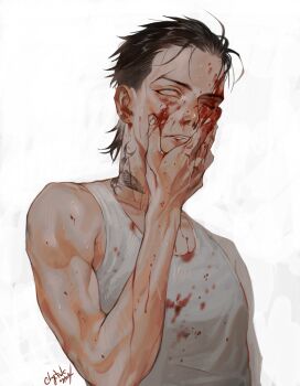 1boy black_hair blood blood_on_arm blood_on_clothes blood_on_face blood_on_hands blue_eyes ctkcave hair_slicked_back male_focus muscular muscular_male neck_tattoo one_eye_closed original shirt short_hair simple_background solo tank_top tattoo white_background white_shirt