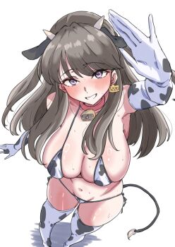 1girl animal_ears animal_print bell bikini breasts character_request choker cleavage commentary copyright_request cow_ears cow_horns cow_print cow_print_bikini cow_print_gloves cow_print_thighhighs cow_tail cowbell elbow_gloves from_above gloves highres horns large_breasts navel open_mouth print_bikini print_gloves print_thighhighs puri_0228 purple_eyes red_choker simple_background smile solo string_bikini swimsuit symbol-only_commentary tail teeth thighhighs white_background