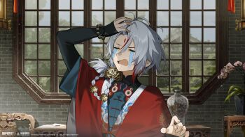 1boy absurdres arm_up black_shirt brick_wall closed_eyes coat colored_tips copyright_name copyright_notice crying facial_mark forehead_mark hand_on_own_head hands_up highres indoors lattice layered_sleeves logo long_hair long_sleeves low_ponytail male_focus multicolored_hair official_art official_wallpaper open_mouth ponytail red_coat shirt short_over_long_sleeves short_sleeves solo streaming_tears tears upper_body vase white_hair window wutong_(xinyue_tongxing) xinyue_tongxing