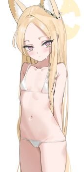 1girl absurdres animal_ear_fluff animal_ears bikini blonde_hair blue_archive blush bra breasts closed_mouth collarbone cowboy_shot flower forehead fox_ears fox_girl groin hair_flower hair_ornament halo highres long_hair lowleg lowleg_panties micro_bikini navel panties purple_eyes seia_(blue_archive) simple_background siopon12 small_breasts solo standing swimsuit underwear very_long_hair white_background white_bikini white_bra white_panties yellow_halo