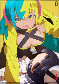 2girls :d absurdres aqua_hair black_eyes black_hair blonde_hair breasts canari_(pokemon) cleavage closed_mouth coat dark-skinned_female dark_skin girl_on_top gwynn_(pokemon) hat highres katsuomochii long_sleeves looking_at_viewer mask mask_pull mega_stone mouth_mask multicolored_hair multiple_girls nintendo open_clothes open_coat open_mouth pokemon pokemon_legends:_z-a recording short_hair smile split-color_hair twintails twitter_username viewfinder white_coat yellow_background yuri zipper_pull_tab