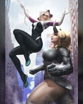 2girls animal_ears aqua_shoes black_bodysuit blonde_hair blue_eyes bodysuit city clenched_hands comic_cover commentary covered_navel english_commentary genderswap genderswap_(mtf) grey_leotard gwen_stacy highres hood hood_up horns kunkka leotard long_hair looking_at_another looking_down looking_up marvel multicolored_bodysuit multiple_girls muscular muscular_female no_mask official_art outdoors pink_bodysuit rhino_(marvel) rhinoceros_ears rhinoceros_girl shoes single_horn spider-gwen spider-man_(series) spider-verse spider_web_print superhero_costume swinging_on_rope thick_thighs thighs white_bodysuit white_hood
