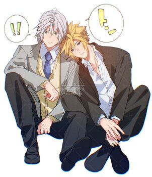 Rule 34 | !, !!, 2boys, black jacket, black pants, black shoes, blonde hair, blue eyes, blue necktie, cardigan, cloud strife, cloud strife (midgard seventh high school), collared shirt, commentary request, final fantasy, final fantasy vii, final fantasy vii: ever crisis, full body, gakuran, green eyes, grey hair, grey jacket, hair between eyes, highres, indian style, jacket, leaning on person, male focus, multiple boys, necktie, official alternate costume, pants, school uniform, sephiroth, sephiroth (ever crisis), sephiroth (shinra private academy), sharp teeth, shirt, shoes, short hair, sitting, slit pupils, spoken exclamation mark, suit jacket, teeth, twitter username, white background, white shirt, yaoi, yellow cardigan, yunyunonigiri