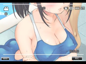 1boy 1girl anma arms_under_breasts battery_indicator black_hair blue_one-piece_swimsuit blush breasts cleavage close-up closed_mouth collarbone commentary_request covered_erect_nipples eyes_out_of_frame hand_on_own_arm head_out_of_frame large_breasts lips long_hair one-piece_swimsuit original pool poolside recording sidelocks swimsuit upper_body viewfinder water wet
