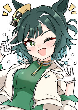1girl absurdres animal_ears arnolddayo blush breasts commentary_request ears_through_headwear gloves green_eyes green_hair green_sweater hair_between_eyes highres horse_ears horse_girl jacket kiseki_(umamusume) medium_breasts medium_hair multicolored_hair one_eye_closed open_clothes open_jacket open_mouth simple_background smile solo sweater umamusume upper_body v w white_gloves white_jacket white_streaks yellow_beret