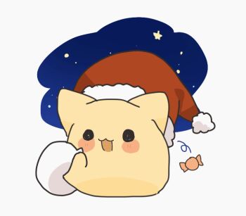 >_< :3 animal_focus animated animated_gif blob_(google) blobcat candy cat commentary food fur-trimmed_headwear fur_trim hashtag-only_commentary hat open_mouth original pom_pom_(clothes) red_hat sack santa_hat shirasuame_shiromaru simple_background white_background