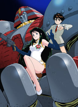 1boy 1girl blazer blue_eyes brown_hair china_dress chinese_clothes collared_shirt dress expressionless funbolt giant_robo giant_robo_(mecha) ginrei_(giant_robo) green_hair grey_armor grey_jacket hand_up in_palm jacket kusama_daisaku long_hair long_sleeves mecha mecha_focus necktie red_necktie robot shirt short_dress short_hair shorts smile spiked_hair squatting standing super_robot watch white_dress wristwatch