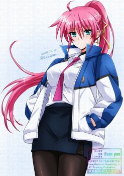 1girl ahoge between_breasts black_pantyhose black_skirt blue_eyes blue_jacket braid breasts closed_mouth collared_shirt commentary_request cowboy_shot dated frown grey_background hair_between_eyes hair_ribbon half_up_braid hands_in_pockets highres jacket large_breasts light_blush long_hair long_sleeves looking_at_viewer lyrical_nanoha mahou_shoujo_lyrical_nanoha_exceeds:_gun_blaze_vengeance miniskirt necktie necktie_between_breasts open_clothes open_jacket pantyhose pencil_skirt pink_hair ponytail purple_necktie ribbon san-pon shirt signum skirt solo square-end_necktie standing twitter_username undershirt watermark white_jacket white_shirt wing_collar yellow_ribbon