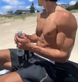 1boy abs absurdres artist_name bara black_hair black_shorts bottle broad_shoulders cloud cloudy_sky collarbone commentary_request head_out_of_frame highres holding holding_bottle korean_commentary male_focus nipples original outdoors pectorals shiny_skin shorts sitting sky solmuk0 solo topless_male tree veins veiny_arms water_bottle
