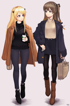 2girls absurdres bag black_boots black_hair black_pants black_sweater blue_coat blue_eyes blue_pants blue_skirt boots braid brown_boots brown_coat brown_eyes brown_hair closed_mouth coat coat_on_shoulders cup disposable_coffee_cup disposable_cup eonsang girls'_frontline grey_sweater hair_between_eyes hair_ornament hair_ribbon hairclip half_up_braid handbag highres holding holding_bag holding_cup k2_(girls'_frontline) k5_(girls'_frontline) long_hair long_sleeves looking_at_another multiple_girls one_side_up open_clothes open_coat pants red_ribbon ribbon skirt smile sweater turtleneck turtleneck_sweater very_long_hair walking