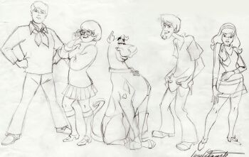 2boys 2girls beard concept_art daphne_blake dog facial_hair freckles fred_jones glasses hairband iwao_takamoto monochrome multiple_boys multiple_girls scarf scooby-doo scooby-doo_(character) shaggy_rogers velma_dinkley