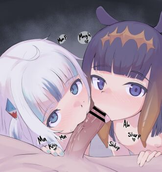 1boy 2girls ahoge animal_ears aqua_eyes aqua_hair aqua_nails bar_censor blunt_bangs blush censored cooperative_fellatio english_text erection expressionless eyelashes fellatio flat_chest gawr_gura gradient_hair grey_background hair_ornament hand_up headpiece hetero hololive hololive_english loli looking_at_viewer looking_up multicolored_hair multiple_girls nail_polish ninomae_ina'nis nipples nose_blush nude one_side_up oral orange_hair penis pov purple_eyes purple_hair recklessdraw saliva shark_hair_ornament sidelocks streaked_hair teamwork_(sexual) tongue tongue_out two-tone_hair upper_body veins veiny_penis virtual_youtuber white_hair