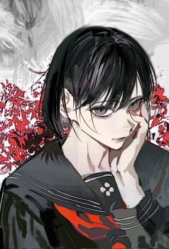 1girl avandee11949 black_hair black_sailor_collar black_sclera colored_sclera highres neckerchief red_neckerchief sailor_collar school_uniform serafuku shimizu_hinako silent_hill_(series) silent_hill_f solo upper_body