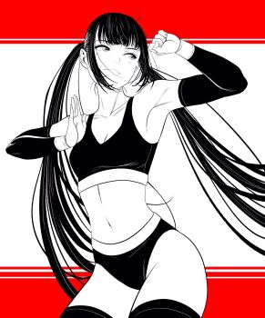 1girl ahoge armpits breasts cleavage commentary_request cowboy_shot detached_sleeves fighting_stance greyscale_with_colored_background highres lee_(dragon_garou) long_hair looking_to_the_side medium_breasts navel original panties red_background sidelocks smile solo sports_bra standing thighhighs twintails underwear very_long_hair