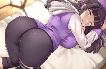 1girl absurdres ass bed black_hair black_pants blunt_bangs blush breasts commentary_request empty_eyes highres hood hoodie hyuuga_hinata lantern large_breasts long_hair long_sleeves looking_at_viewer naruto_(classic) naruto_(series) on_bed open_mouth pants pillow purple_eyes purple_hoodie pussy_juice pussy_juice_stain raglan_sleeves sidelocks skywalker0610 solo top-down_bottom-up two-tone_hoodie white_hoodie wooden_floor