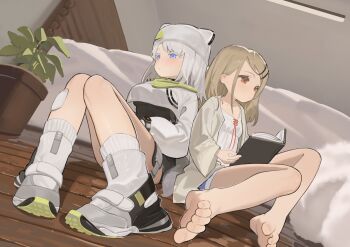 Rule 34 | 2girls, absurdres, animal hat, arknights, arknights: endfield, bare legs, barefoot, bed, bkbbkbkk, black bodysuit, blonde hair, blue eyes, blue shorts, bodysuit, book, breasts, camisole, cat hat, closed mouth, estella (arknights), from below, gakuen idolmaster, gauze, gauze on leg, grey robe, hair ornament, hairclip, hashtag-only commentary, hat, highres, holding, holding book, idolmaster, indoors, knees up, large breasts, long hair, looking ahead, multiple girls, open clothes, open robe, orange eyes, parallel hairclips, plant, potted plant, robe, shawl, shinosawa hiro, shoes, shorts, sitting, small breasts, socks, swept bangs, white camisole, white hair, white hat, white shawl, white shoes, white socks, wooden floor
