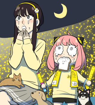 Rule 34 | 2girls, :>, @ @, adoptive parent and adoptive child, anya (spy x family), black hair, black shorts, bread, bread slice, commentary request, crescent moon, crying, dog, earrings, endou tatsuya, food, glowstick, grey skirt, hairband, hairpods, hashtag-only commentary, highres, holding, holding glowstick, jewelry, miniskirt, moon, mother and daughter, mouth hold, multiple girls, pink hair, pleated skirt, shorts, sitting, skirt, spy x family, sweater, tears, wavy eyes, yellow hairband, yellow sweater, yor briar