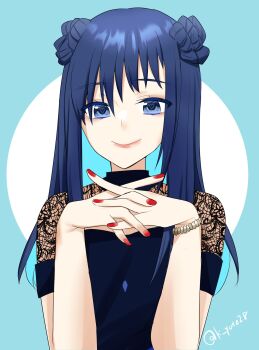 1girl blue_background blue_eyes bracelet character_request closed_mouth commentary_request double_bun facing_viewer hair_bun highres indie_virtual_youtuber interlocked_fingers jewelry lace lace_sleeves long_hair nail_polish pink_lips red_nails sakura_yuto smile solo straight_hair twitter_username upper_body