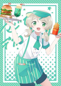 1boy absurdres ascot black_shorts brown_hair burger commentary cowboy_shot food french_fries green_ascot green_eyes hair_ornament hairclip halftone halftone_background high-waist_pants highres holding holding_tray ice_cream ice_cream_float low_twintails male_focus mini_flag ochanoda open_mouth original pants shorts smile solo symbol-only_commentary trap tray twintails visor_cap waiter