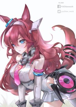 Rule 34 | 1girl, ahoge, animal ears, bare shoulders, blue eyes, blush, breasts, brown hair, commentary request, detached sleeves, grey hairband, grey leotard, grey skirt, grey sleeves, hair between eyes, hairband, highleg, highleg leotard, highres, horse ears, horse girl, horse tail, large breasts, leaning forward, leotard, long hair, lowleg, lowleg skirt, mihono bourbon (mb-19890425) (umamusume), mihono bourbon (umamusume), necktie, parted lips, pink necktie, silver hairband, simple background, skirt, solo, tail, thighhighs, umamusume, white leotard, white thighhighs, yu chien (yuchien4221)