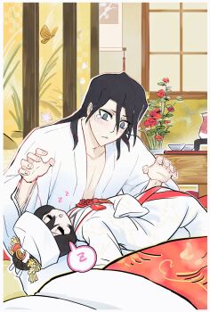 Rule 34 | 1boy, 1girl, absurdres, antatica11, black hair, bleach, blue eyes, chinese commentary, commentary request, flower, hair bun, hat, highres, husband and wife, kuchiki byakuya, kuchiki hisana, lying on lap, single hair bun, sleeping, sleeves past fingers, sleeves past wrists, tearing up, tears, vase, white hat, zzz