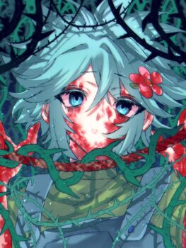 1boy basil_(headspace)_(omori) basil_(omori) blood blood_on_face blue_overalls closed_mouth colored_skin commentary_request double-parted_bangs flower green_eyes green_hair green_shirt hair_between_eyes hair_flower hair_ornament highres kauchi_(kani10cauchi) looking_at_viewer male_focus omori overalls plant rope shirt short_hair sidelocks solo t-shirt thorns upper_body vines white_skin