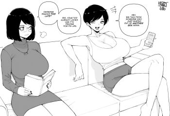 2girls artist_name book breasts cleavage collarbone commission couch crossed_legs desyana_laurentia dress earrings english_text glasses highres holding holding_book holding_phone huge_breasts jewelry mole mole_under_eye multiple_girls nail_polish navel necklace norman_maggot olive_laurentia on_couch open_mouth original phone shadow short_hair short_shorts shorts siblings sisters sitting speech_bubble tank_top
