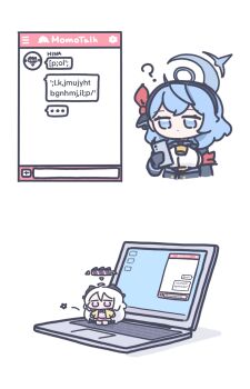 2girls ako_(blue_archive) blue_archive blue_eyes blue_hair bluemaka chibi computer halo highres hina_(blue_archive) hina_(pajamas)_(blue_archive) laptop long_hair medium_hair mini_person minigirl multiple_girls pajamas purple_hair simple_background text_messaging typing typo white_background white_hair