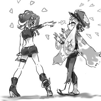 2girls agent_3_(splatoon) agent_8_(splatoon) arrow_through_heart boots butt_crack crop_top eye_contact hat headgear heart high_heel_boots high_heels highres inkling_girl inkling_player_character koharu2.5 leggings legs_apart long_hair looking_at_another miniskirt monochrome multiple_girls nintendo octoling octoling_girl octoling_player_character patchwork_clothes peaked_cap poncho sandals simple_background single_sleeve skirt splatoon_(series) splatoon_2 splatoon_2:_octo_expansion splatoon_3 squidbeak_splatoon standing suction_cups tentacle_hair thigh_strap torn_clothes torn_leggings white_background yuri