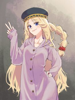 Rule 34 | 1girl, absurdres, blue eyes, blush, braid, doll joints, dress, elden ring, elden ring nightreign, hat, highres, joints, long hair, looking at viewer, pinocchio0105pp, revenant (elden ring), smile, solo, v