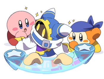 Rule 34 | bandana, bandana waddle dee, blue bandana, blue eyes, blush stickers, bright pupils, cape, commentary request, kirby, kirby (series), looking back, magolor, nintendo, no humans, open mouth, roku (rokkrn), simple background, sparkle, white background, white cape, white pupils, yellow eyes