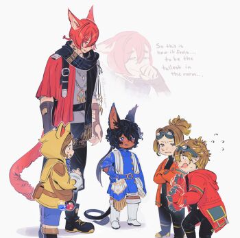 Rule 34 | 1boy, 4girls, afterimage, anger vein, angry, animal ear hood, animal ears, belt, belt pouch, black boots, black hair, black scarf, blue eyes, blue gloves, boots, brother and sister, brown hair, cat ears, cat tail, coat, commentary, crossed arms, dark-skinned female, dark skin, english commentary, english text, eyaney (ff14), fake animal ears, final fantasy, final fantasy xiv, flask, flying sweatdrops, g'raha tia, gloves, goggles, goggles on head, hand on own hip, height conscious, height difference, hood, krile baldesion (ff14), lalafell, looking at another, looking down, lumull (ff14), miqo'te, motion lines, multiple girls, neck tattoo, nervous sweating, ponytail, potion, pouch, purple eyes, red coat, red hair, round-bottom flask, scarf, siblings, sweat, tail, tattoo, theverdeacqua, warrior of light (ff14), wavy mouth, white boots, yellow coat, yellow hood