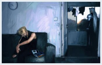 Rule 34 | 2boys, armor, blonde hair, book, clock, clothesline, cloud strife, couch, drying, drying clothes, final fantasy, final fantasy vii, final fantasy vii: advent children, from behind, grey hair, hanjungen233, hashtag-only commentary, highres, implied yaoi, indoors, light switch, long hair, male focus, multiple boys, on couch, open book, open door, painterly, pauldrons, sephiroth, short hair, shoulder armor, signature, sitting, standing, wall clock, window