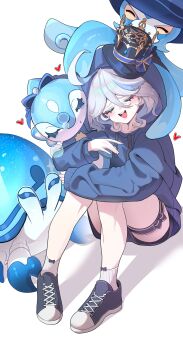 1girl absurdres blue_hoodie bow_legwear closed_eyes commentary curryman_(curryman06) english_commentary furina_(genshin_impact) genshin_impact heart highres hood hood_up hoodie hugging_own_legs open_mouth simple_background socks teeth upper_teeth_only white_background white_socks